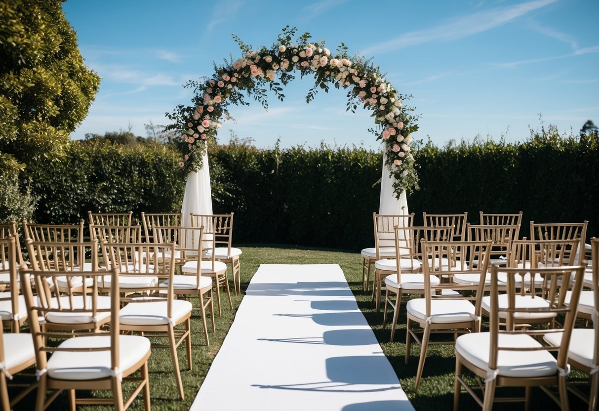 A sunny outdoor setting with chairs arranged in rows facing an arch adorned with flowers, set against a backdrop of lush greenery and a clear blue sky