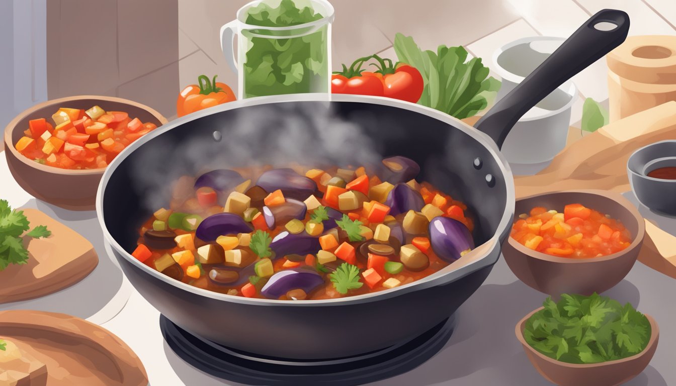 A steaming bowl of eggplant caponata being reheated in a skillet, with colorful chunks of vegetables and a rich tomato-based sauce