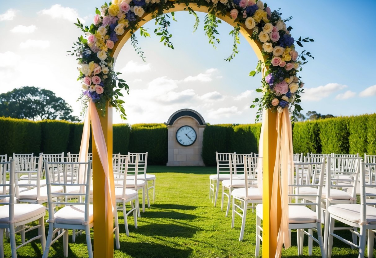 A sunny outdoor setting with chairs arranged in neat rows facing a beautiful archway adorned with flowers and ribbons. A clock shows the time as 1:30pm