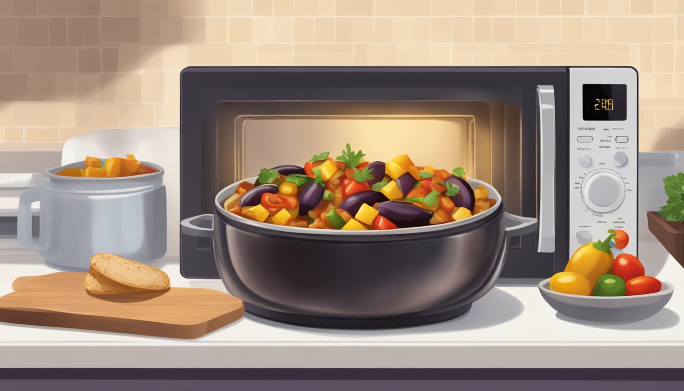 A bowl of eggplant caponata being heated in a microwave