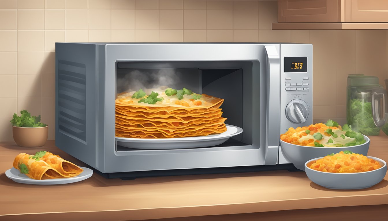 A microwave with a plate of enchiladas inside, steam rising from the hot food