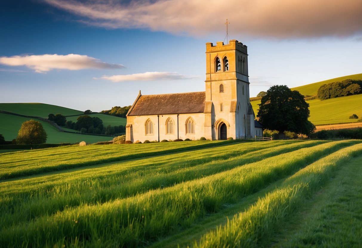 A picturesque English countryside wedding at sunset. A quaint church with a bell tower, surrounded by rolling green hills and a clear blue sky