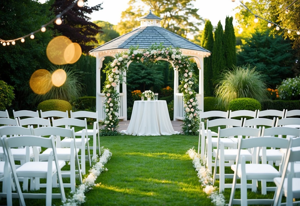 A sunlit garden with white chairs arranged in rows, a floral arch at the end of the aisle, and a gazebo adorned with twinkling lights for an evening wedding