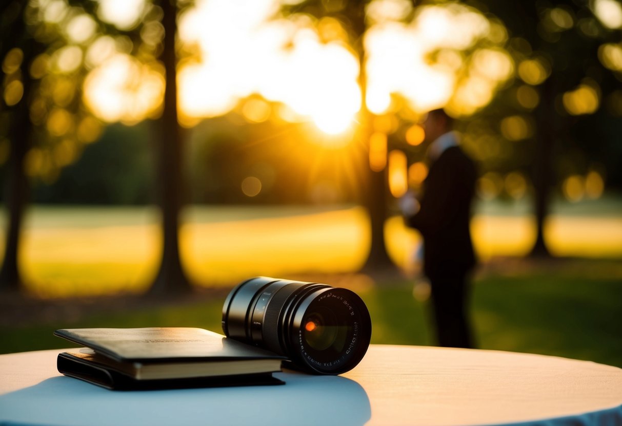 Golden hour at a serene outdoor venue, with warm sunlight casting long shadows and creating a romantic atmosphere