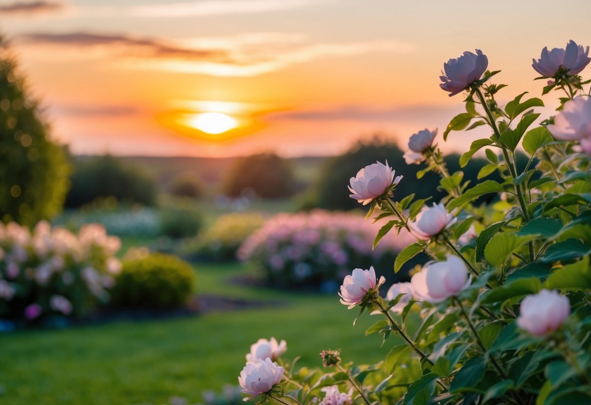 A serene sunset over a blooming garden, with soft golden light casting a warm glow on the surroundings