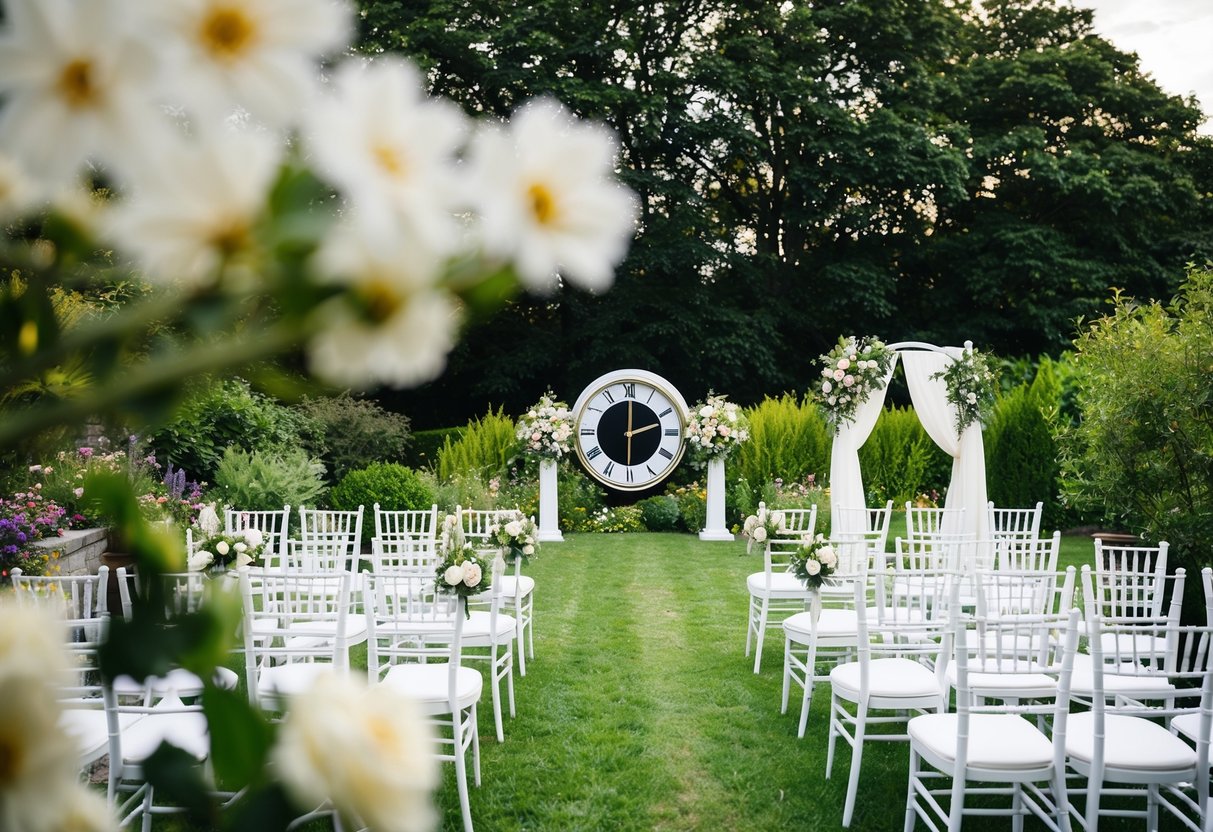 A clock showing 12:00, flowers arranged, chairs set for guests, and a wedding arch in a garden setting