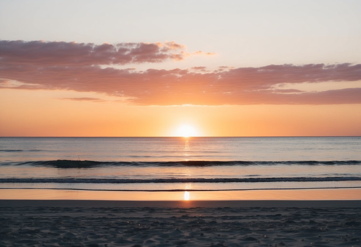 A serene sunset over a tranquil beach, with soft golden light casting a warm glow on the sand and gentle waves
