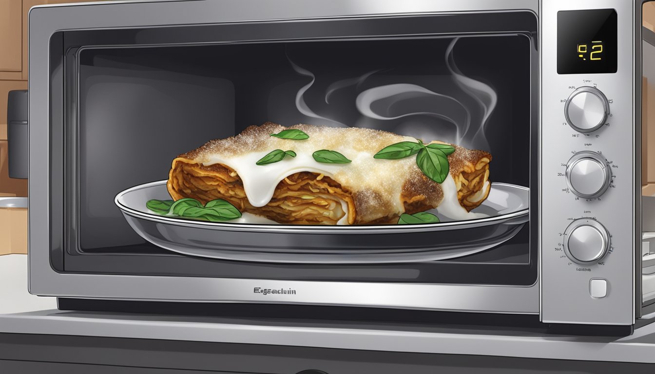 A plate of eggplant rollatini sits in a microwave, with steam rising from the dish