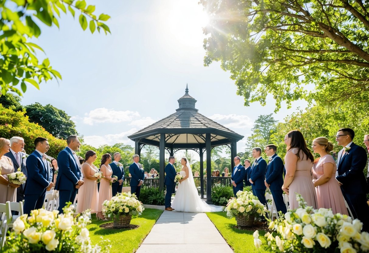 A bright, sunny afternoon in a lush garden with a gazebo and blooming flowers, surrounded by friends and family, is the perfect setting for a wedding ceremony