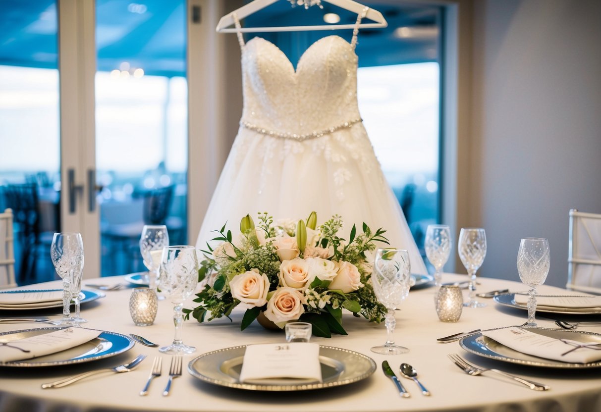 A table set with a floral centerpiece, place settings, and sparkling glassware. A wedding gown hangs from a decorative hanger, surrounded by delicate jewelry and a bouquet of flowers