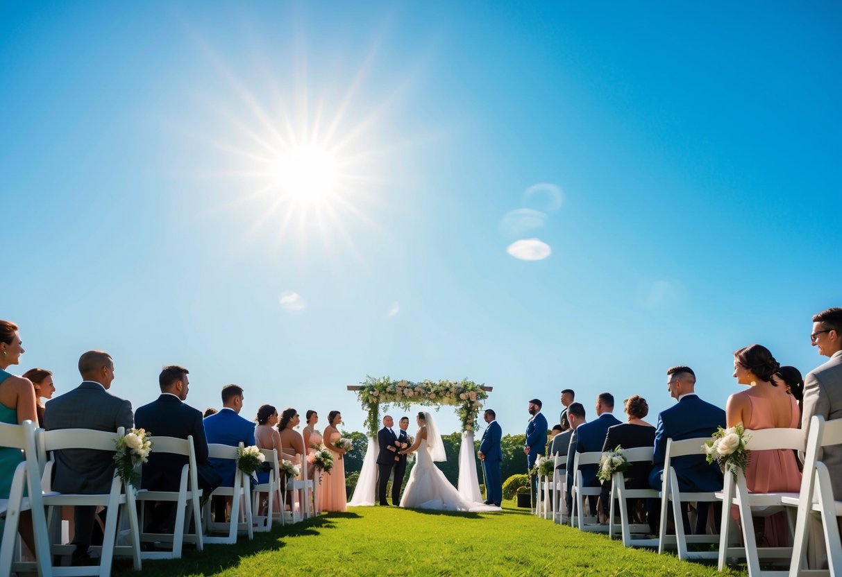 A bright, sunny afternoon with a clear blue sky, showcasing a beautiful outdoor wedding ceremony with a picturesque backdrop