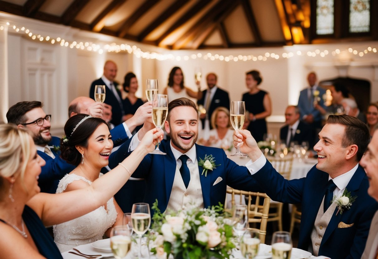 A joyful wedding reception with guests raising glasses in a traditional British setting