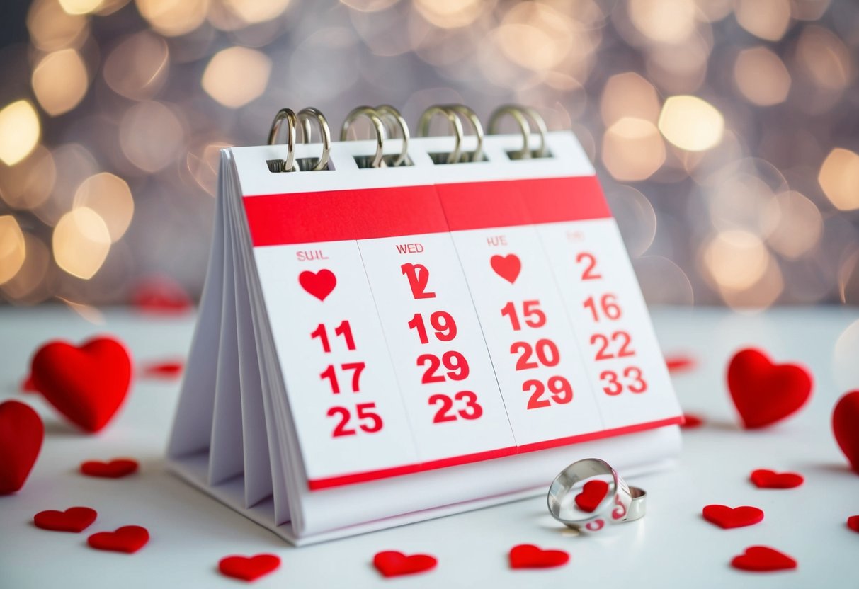 A calendar with wedding dates marked in red, surrounded by symbols of love and commitment
