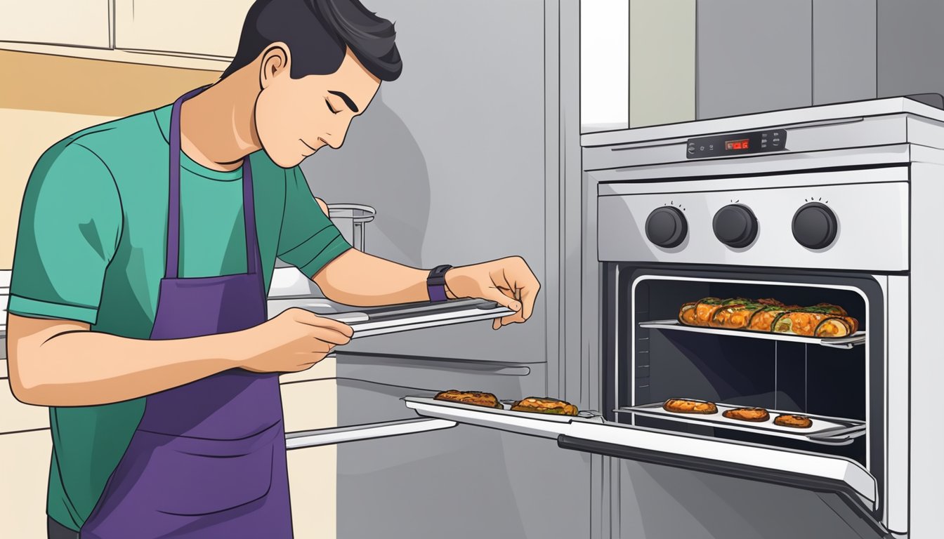 A person using an oven to reheat eggplant rollatini, checking the temperature with a thermometer for safety and ensuring even heating for quality