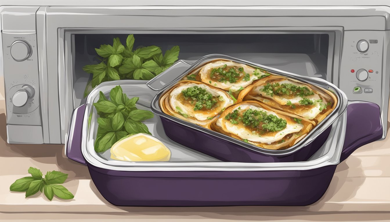 Eggplant rollatini being reheated in a microwave-safe dish, covered with a lid, with a side of fresh herbs and olive oil