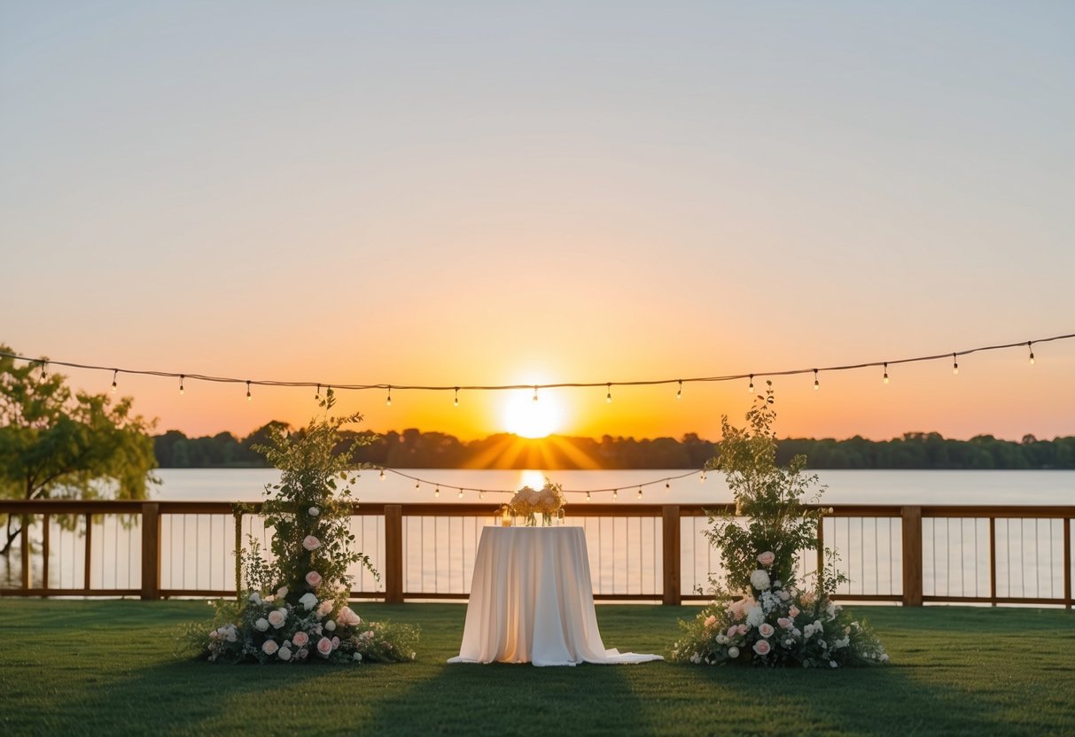 A sun setting behind a serene outdoor wedding venue, with string lights and floral decorations, indicating a long, leisurely celebration