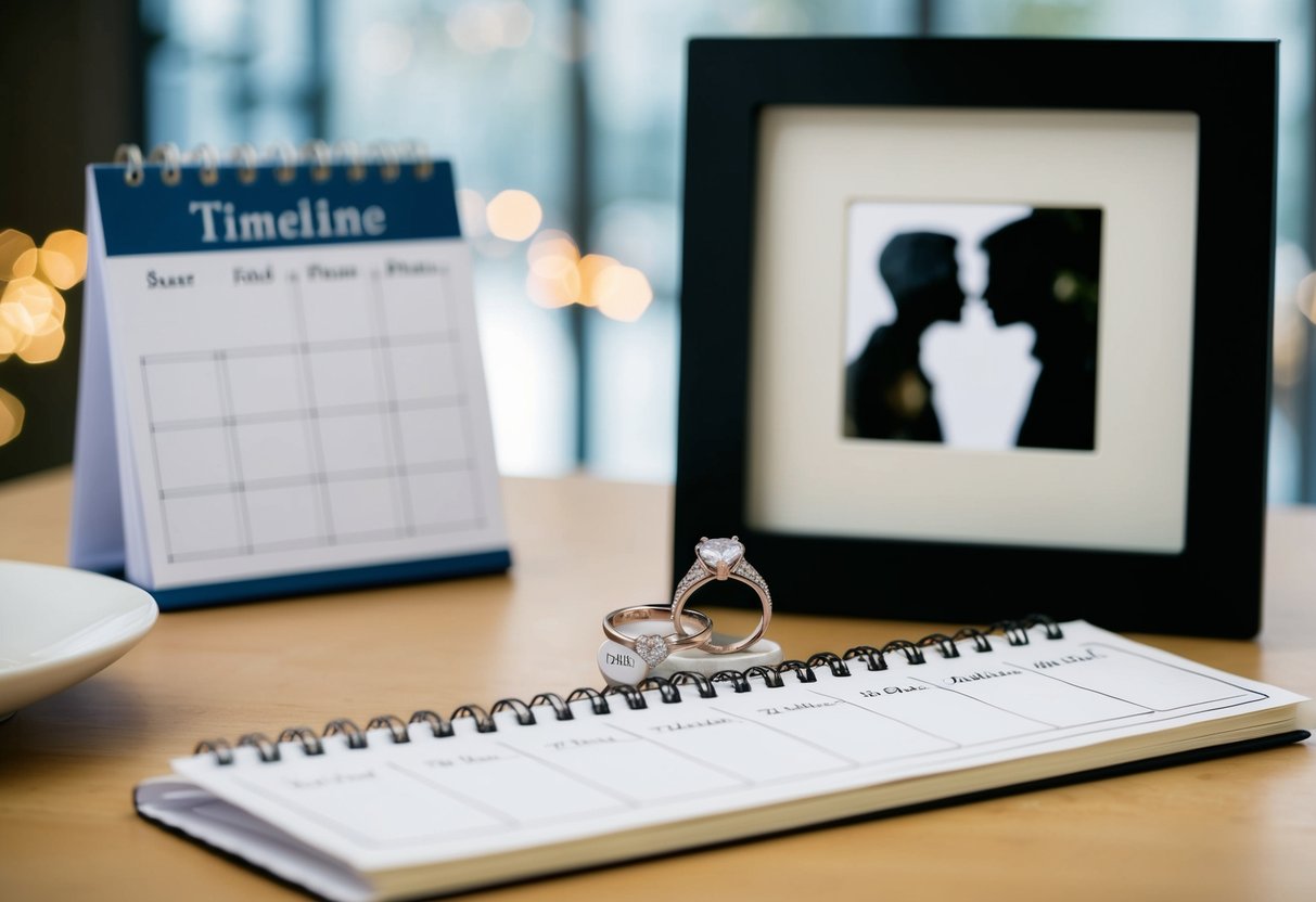 A timeline with a calendar, wedding ring, and a heart-shaped photo frame