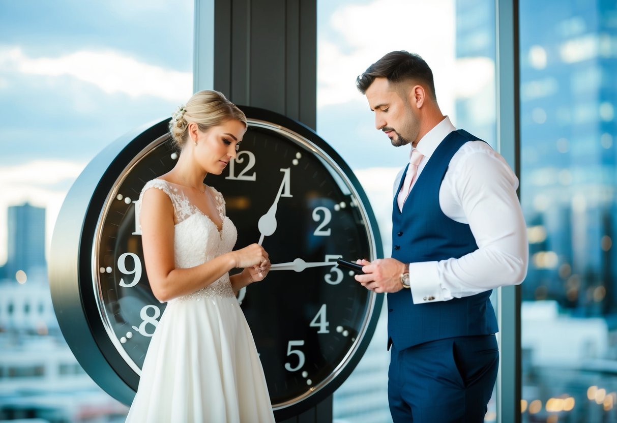 A bride and groom standing beside a large clock, looking stressed as they discuss their wedding day timeline