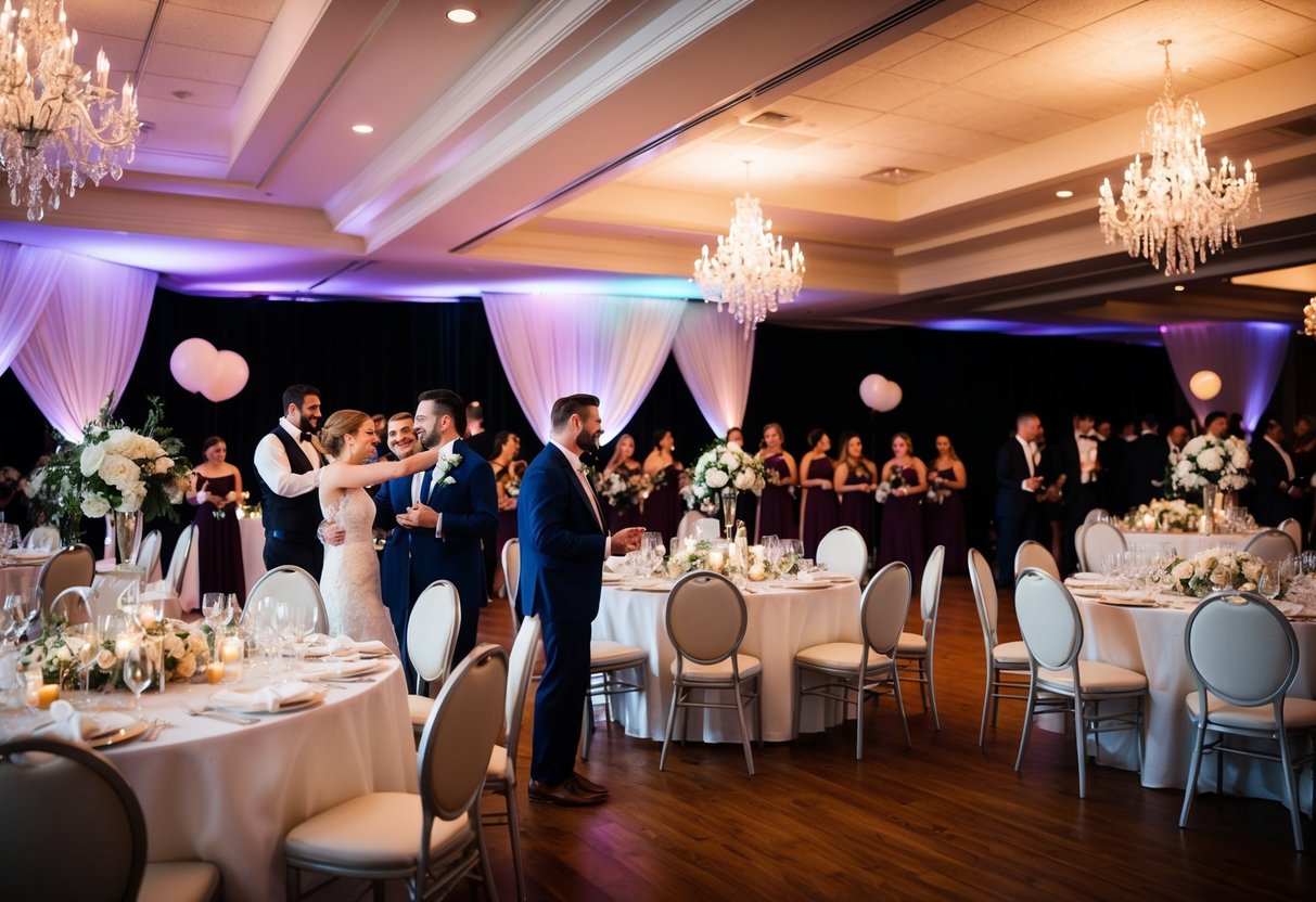 A wedding ceremony and reception with decorations, music, food, and dancing