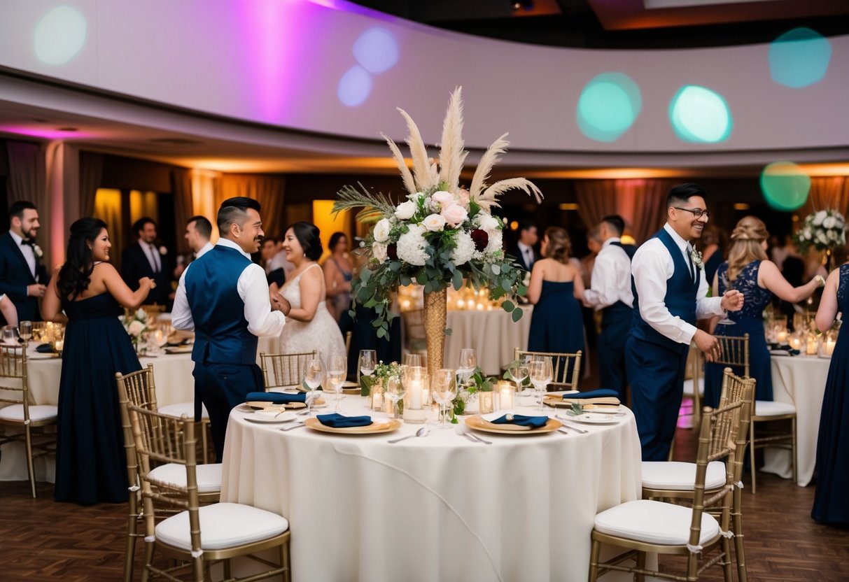 A wedding reception with diverse cultural elements and decorations, lasting for 5 hours with guests mingling, dining, and dancing