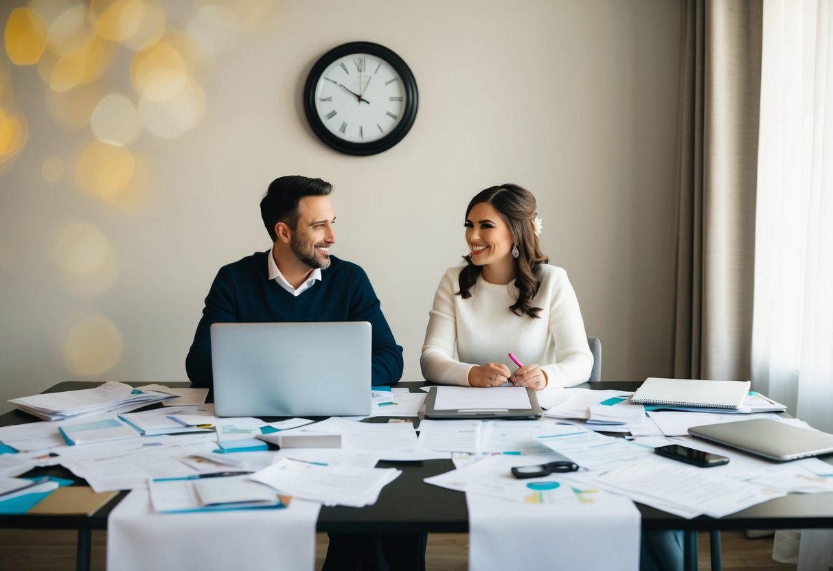 A couple sits at a table covered in wedding planning materials, surrounded by scattered papers and a laptop. A clock on the wall shows the passing hours