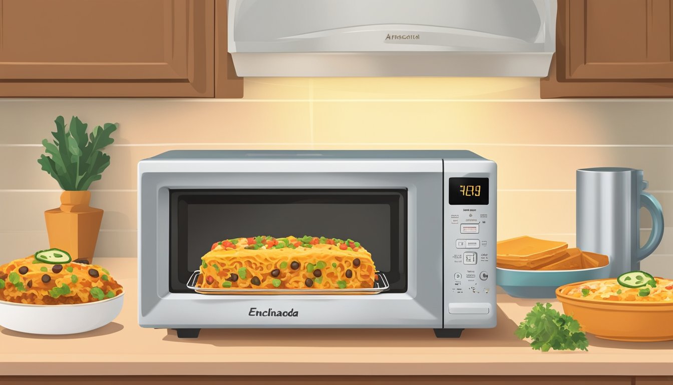 A microwave with a plate of enchilada casserole inside, the timer set and the food rotating as it heats up