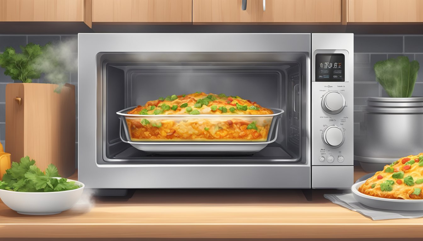 Enchilada casserole rotating inside a microwave, steam rising, aroma filling the kitchen