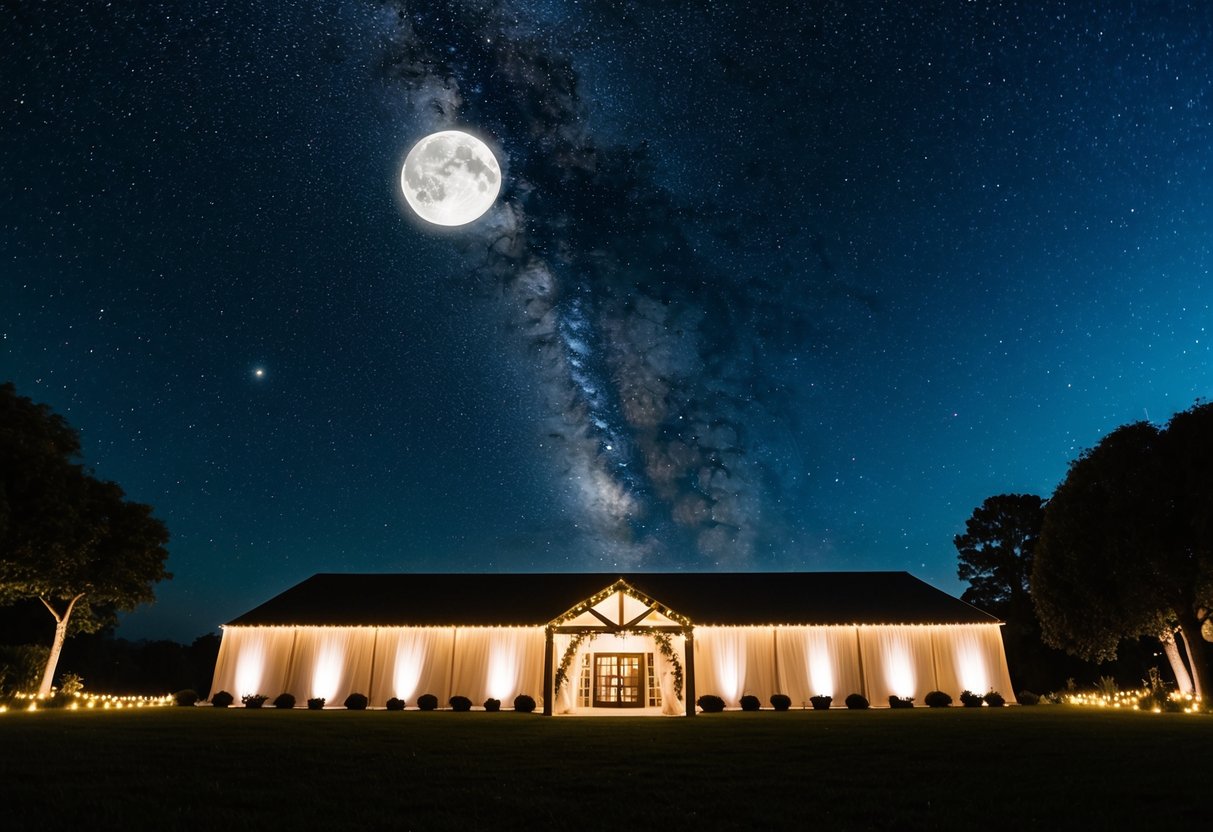 A starry night sky over a glowing wedding venue with twinkling lights and a full moon