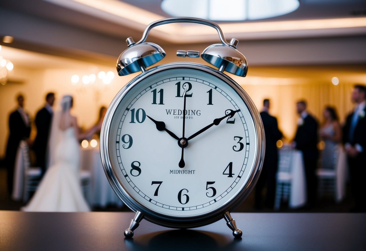 A clock showing the time at midnight with a wedding venue in the background, indicating a late end to the celebration