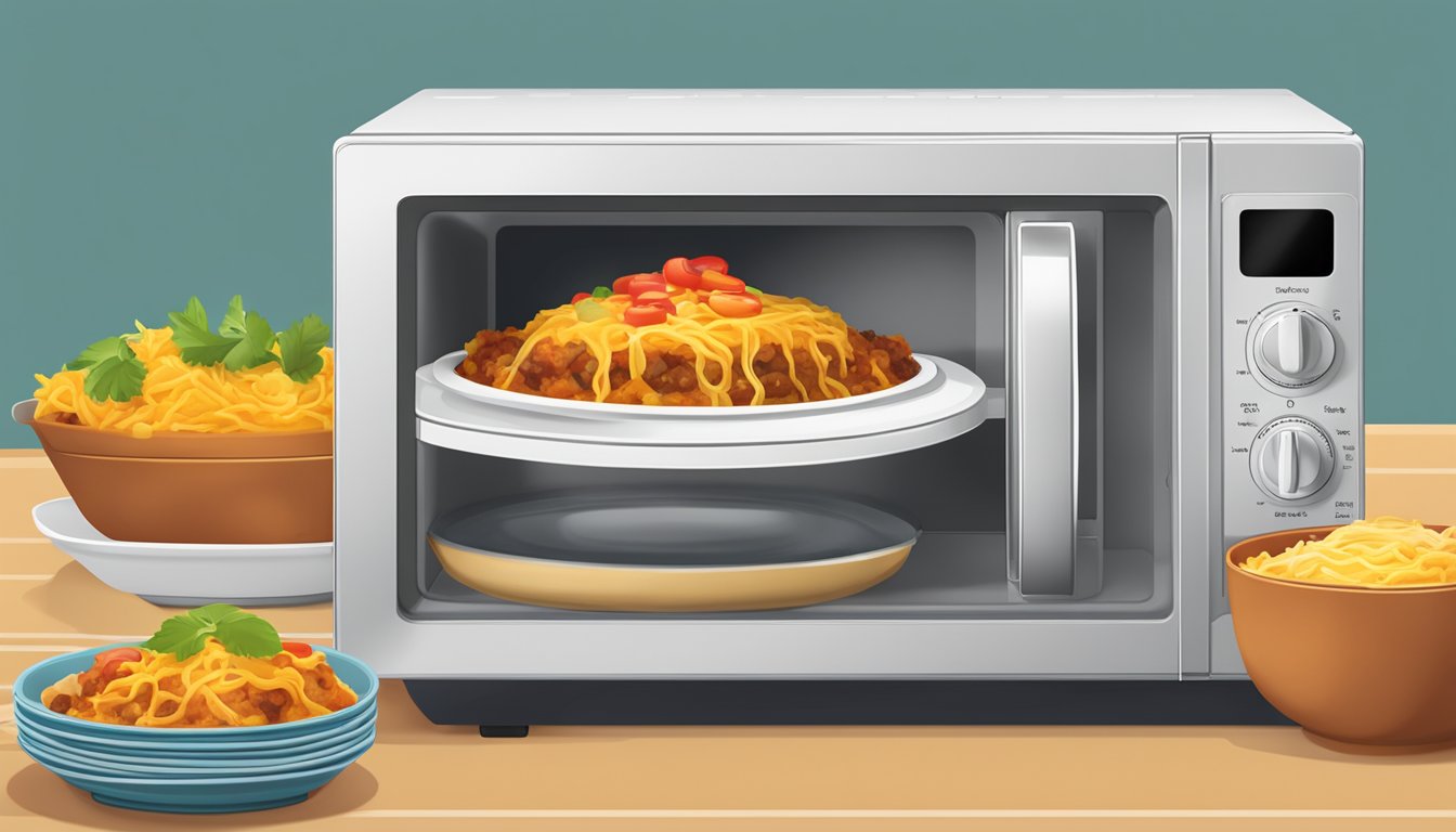 A microwave with a covered dish of enchilada casserole rotating inside