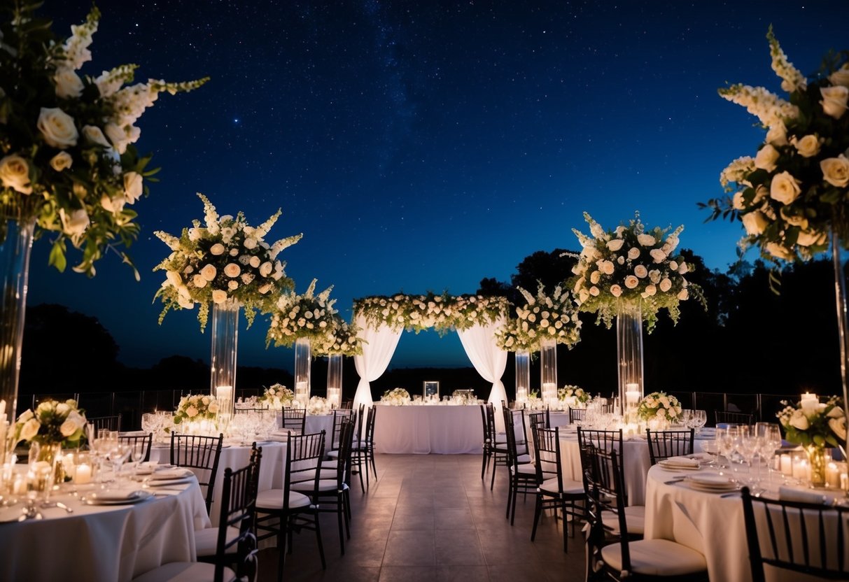 An elegant evening wedding reception, with soft lighting and floral decorations, extends into the night under a starry sky