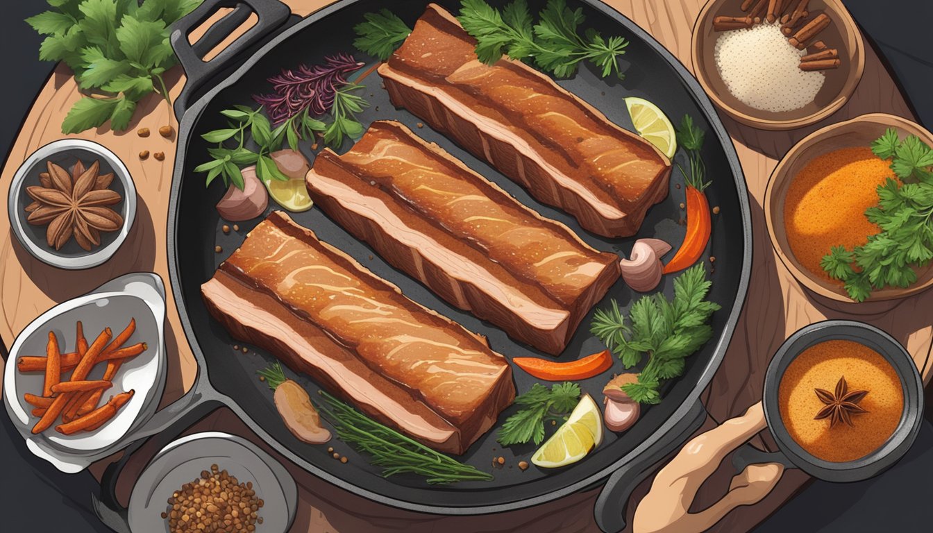 A plate of sliced five spice pork belly being reheated in a sizzling skillet, surrounded by various herbs and spices