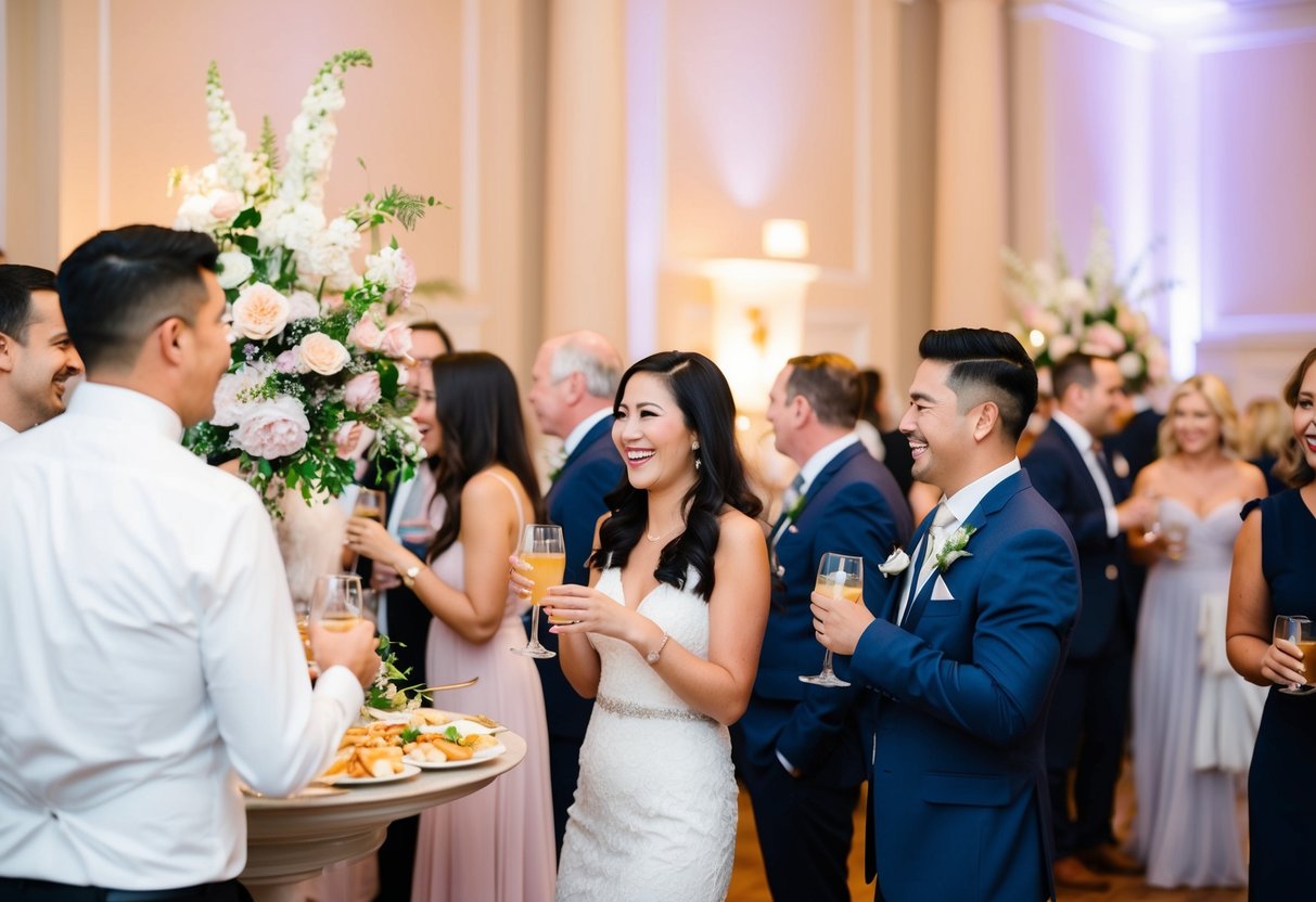 Guests mingling, laughing, and enjoying food and drinks in a beautifully decorated reception hall with elegant floral arrangements and soft lighting