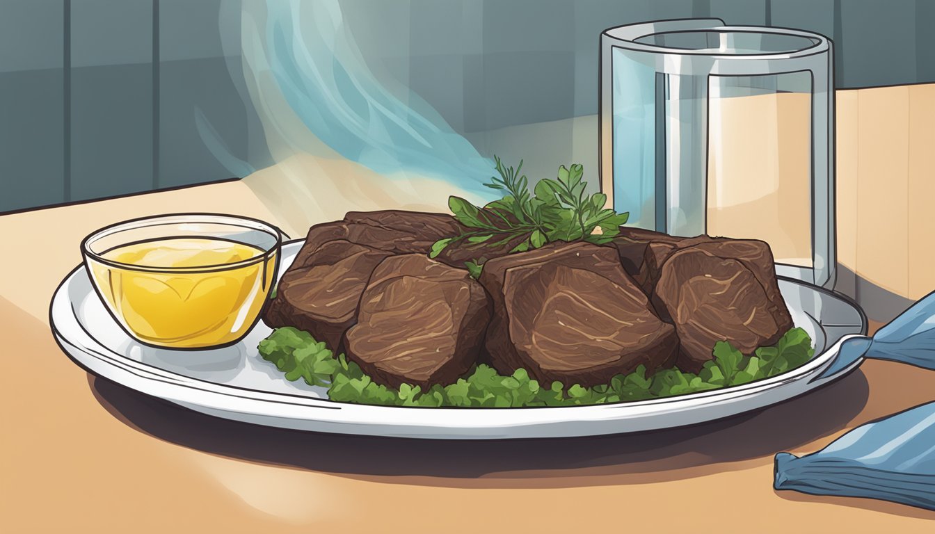 A plate of Ethiopian beef tibs being placed in the microwave next to a glass of water