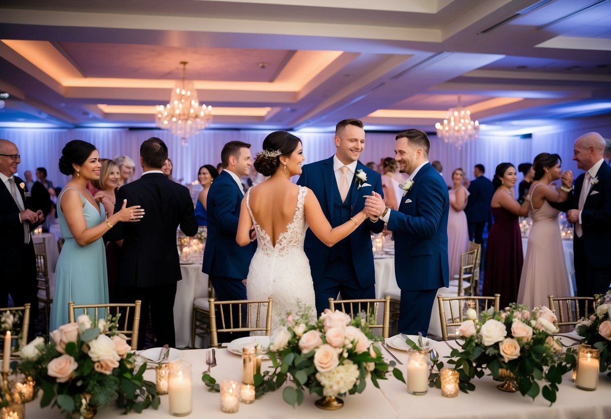 Guests mingling and dancing at a beautifully decorated wedding reception venue, with tables adorned with flowers and candles