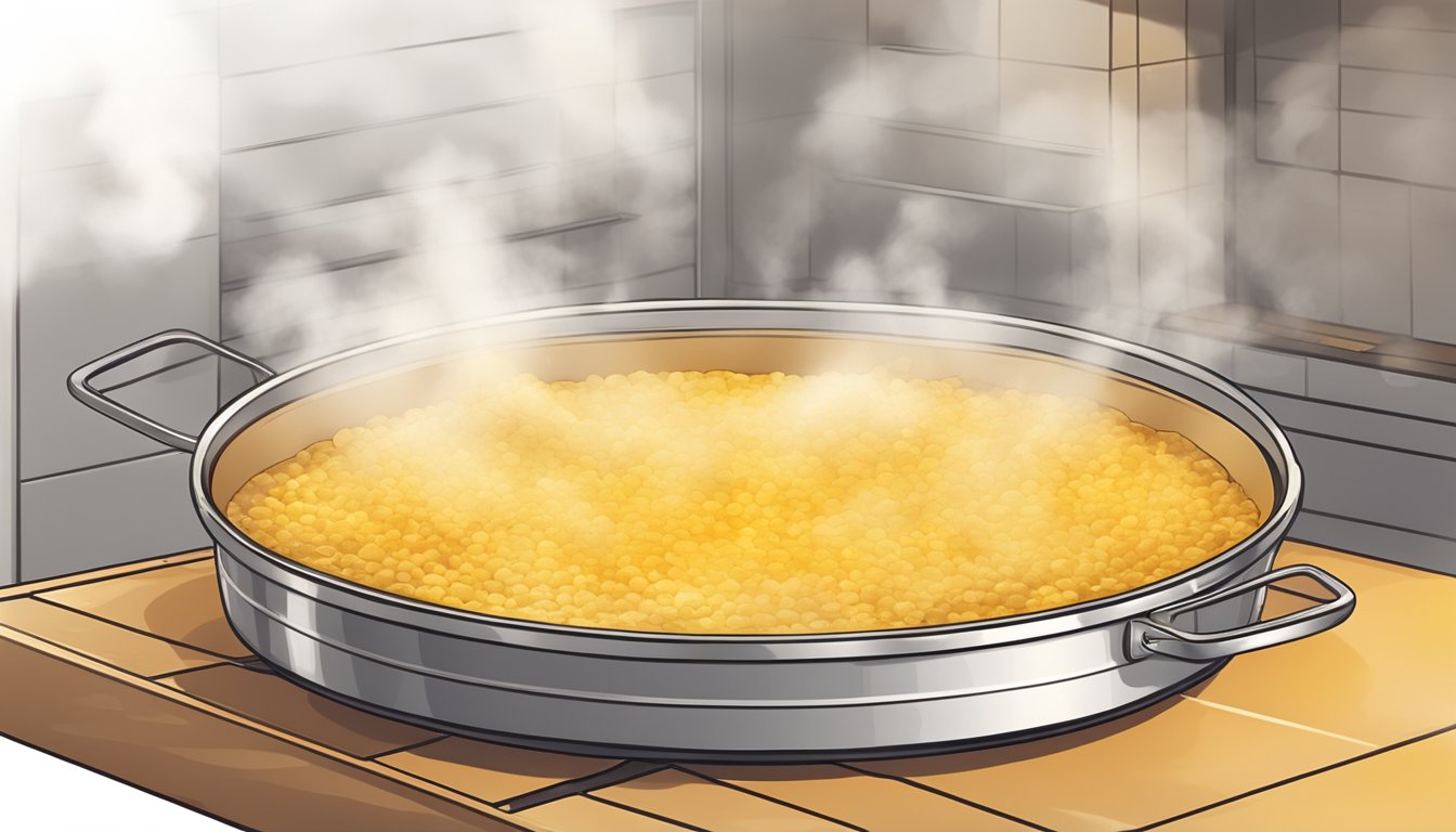 A pan of farinata being heated in the oven, with a golden crispy edge and steam rising from the surface