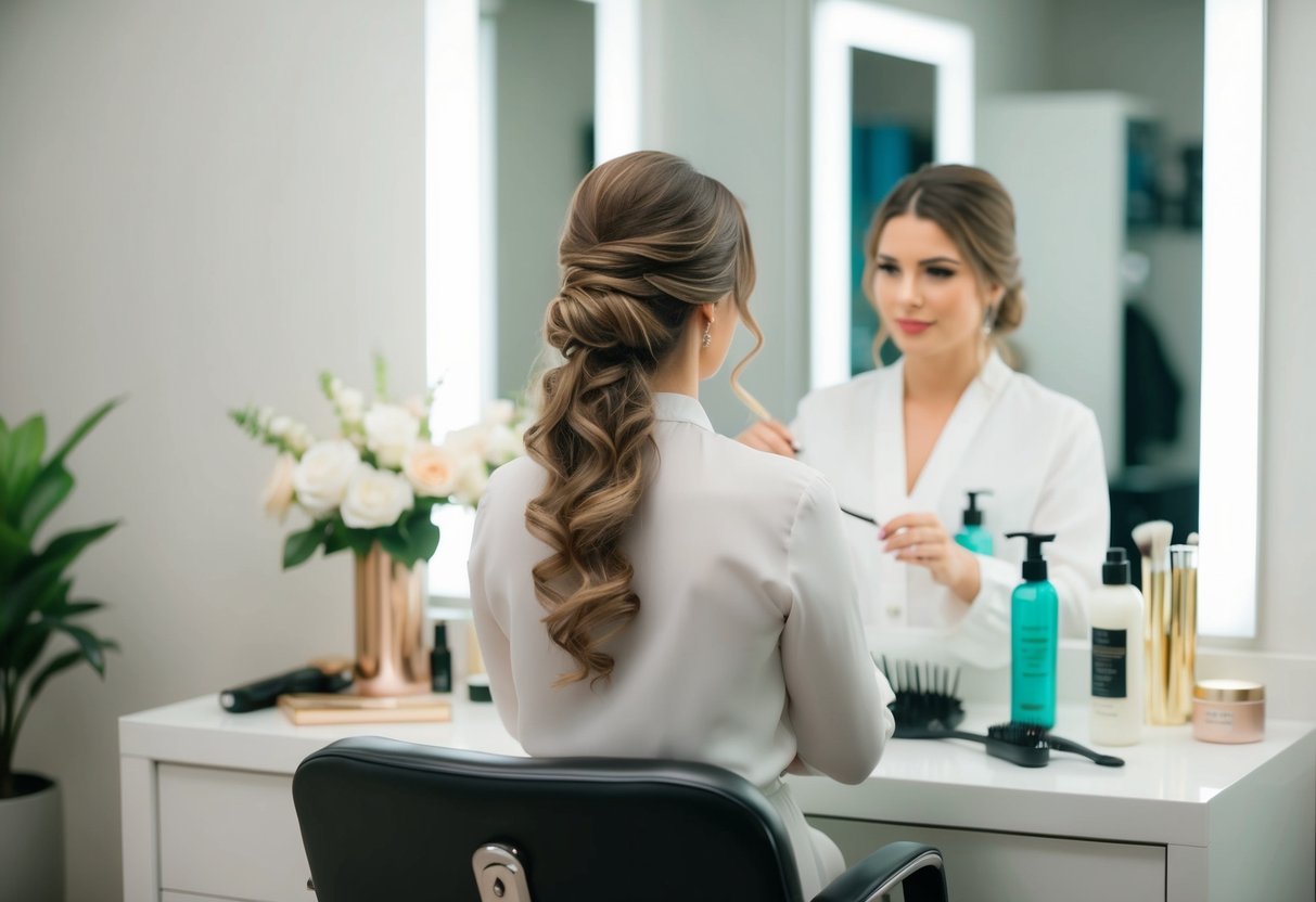 A stylist carefully arranges hair in an elegant updo, surrounded by hair tools and products on a clean, well-lit vanity