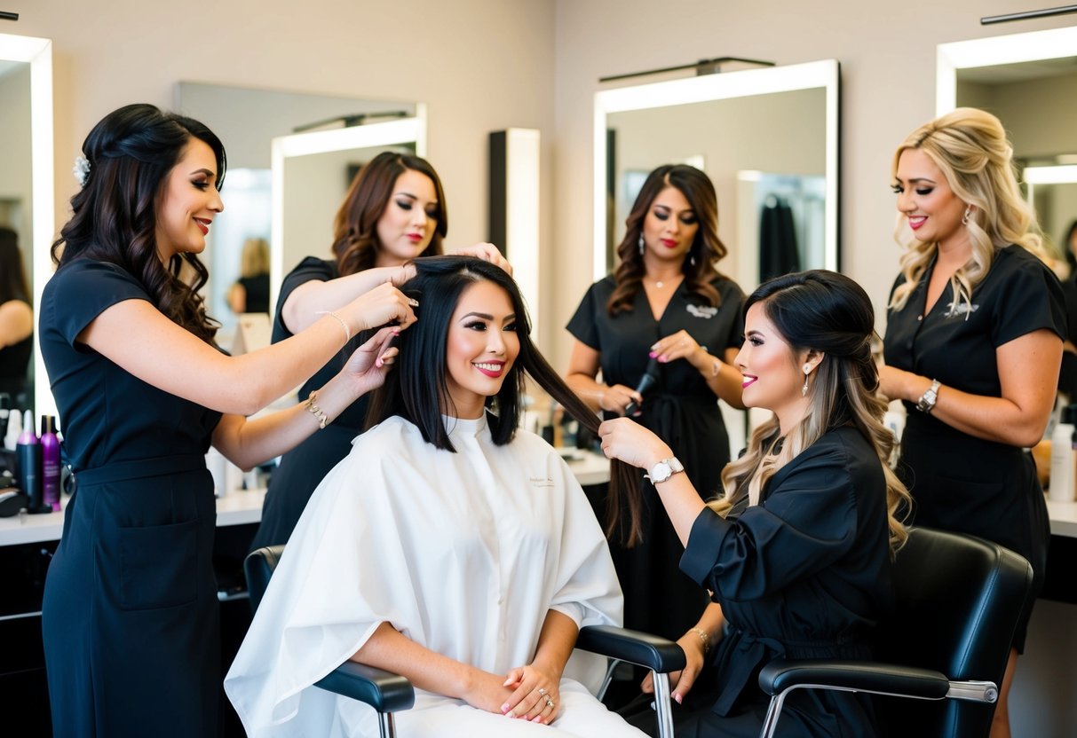 A bride sitting in a salon chair, surrounded by hairstylists and makeup artists, getting her hair done before a wedding