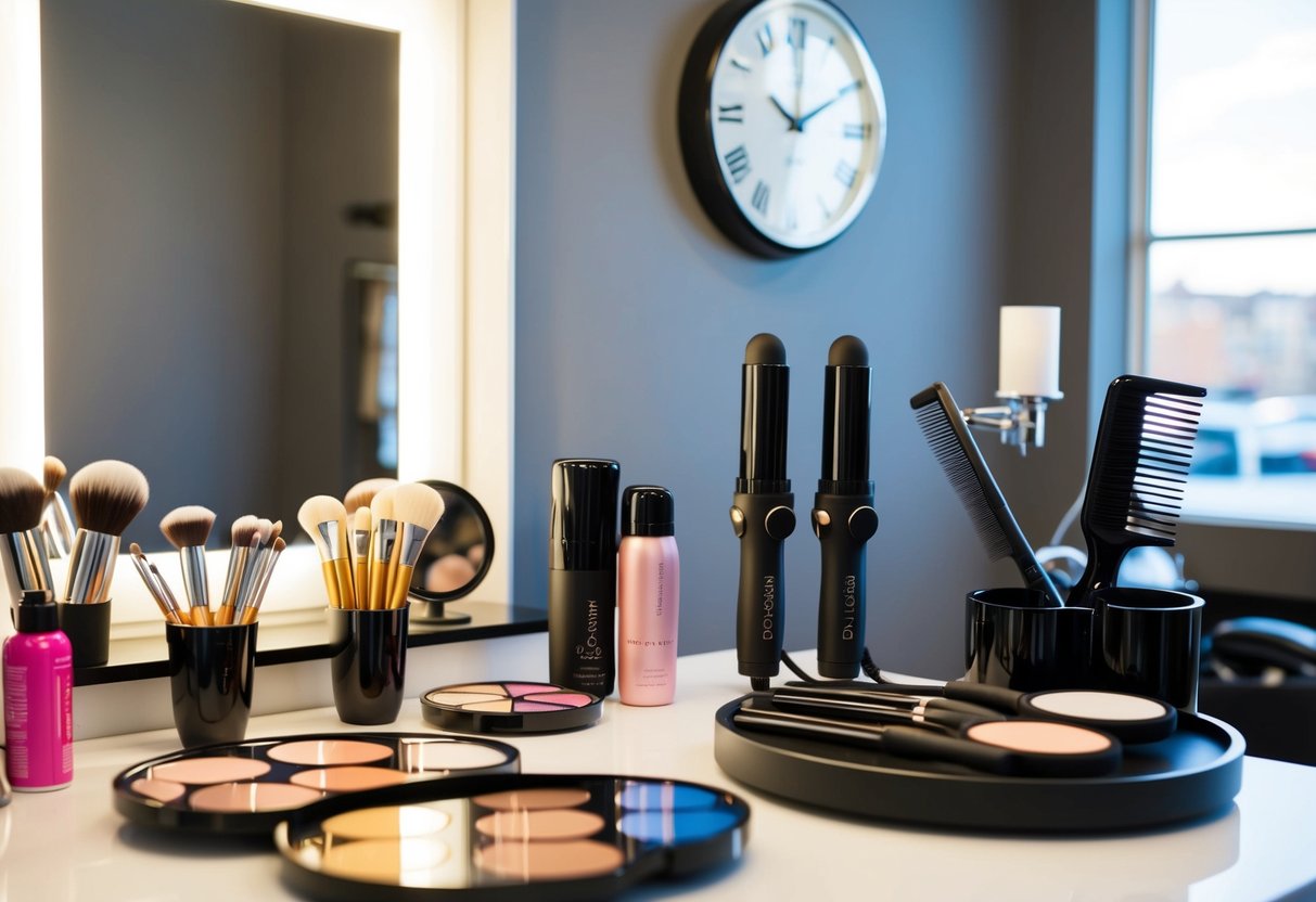 A makeup artist's table with brushes, palettes, and a mirror. A hairstylist's station with curling irons, hairspray, and combs. A clock on the wall