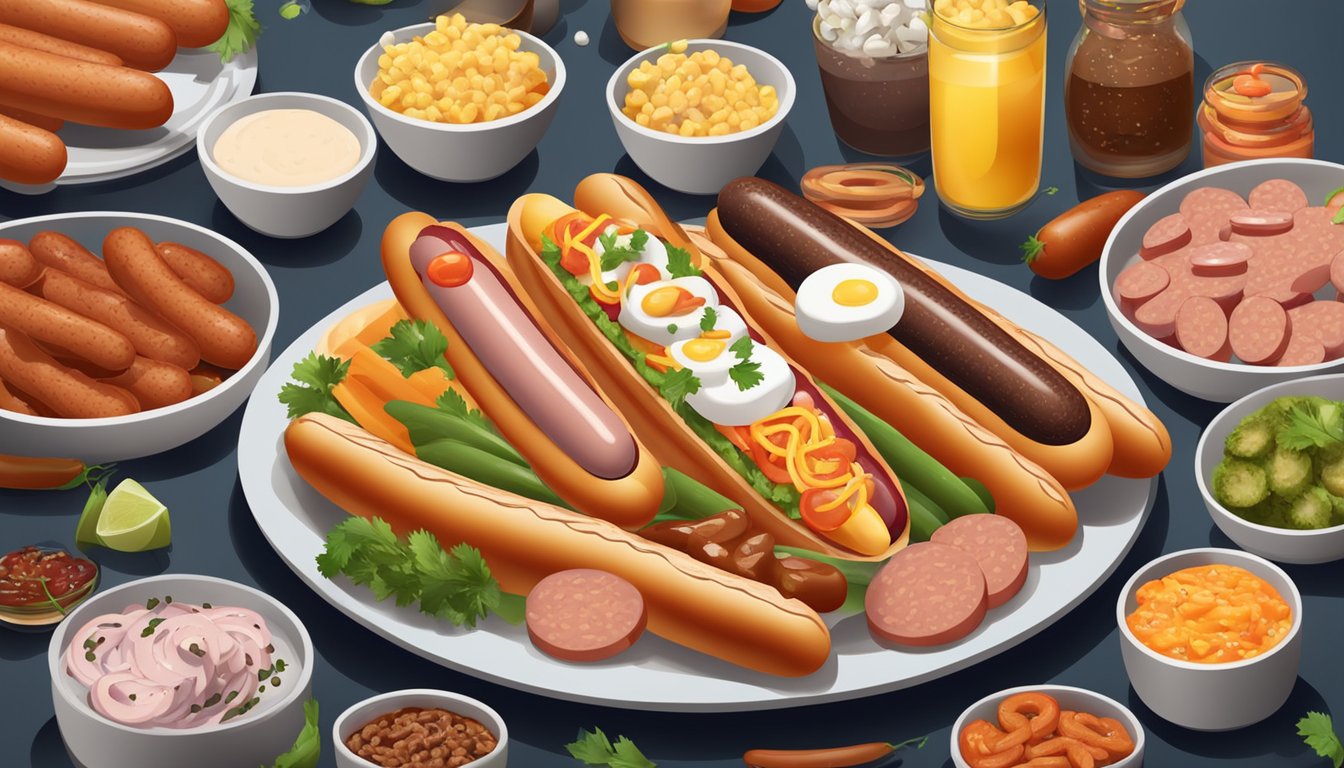 A plate of frankfurters surrounded by various accompaniments and toppings, with steam rising from the hot sausages