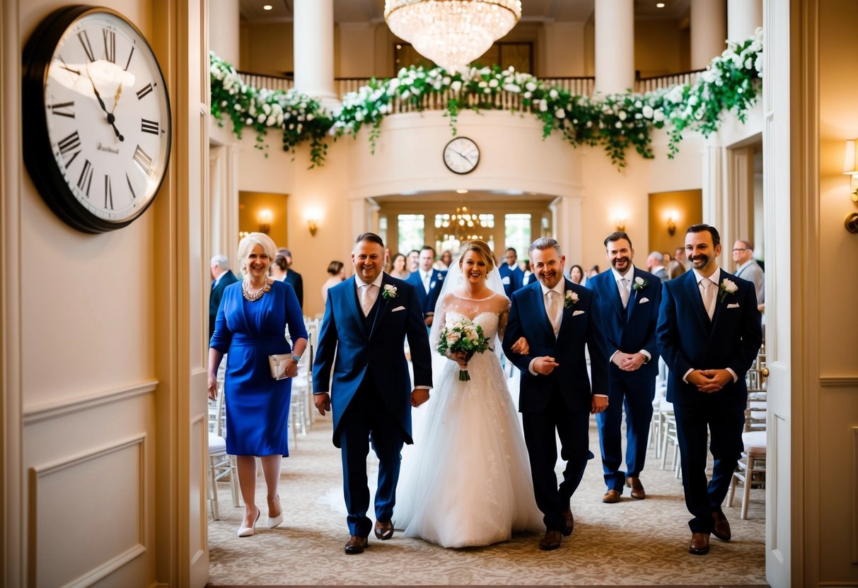 Guests arrive at a grand wedding venue, adorned with flowers and elegant decor. A clock on the wall shows the time, indicating the importance of arriving early for the ceremony