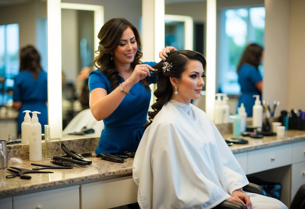 A hairstylist working on a bride's hair in a well-lit salon with wedding accessories and tools scattered on the countertop