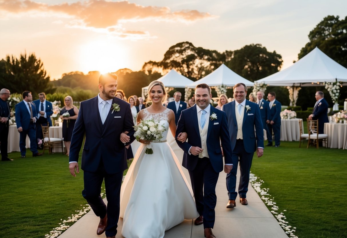 Guests arriving at a wedding venue, with a picturesque outdoor setting and elegant decorations. Sun setting in the background, creating a warm and romantic atmosphere