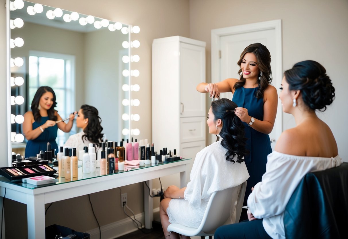 A hairstylist and makeup artist working on a bride's hair and makeup in a well-lit and spacious room with a large mirror and an array of beauty products on a table