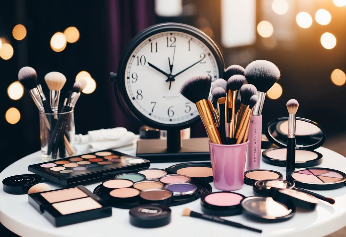 A makeup artist's table with brushes, palettes, and a mirror, surrounded by scattered makeup products and a ticking clock