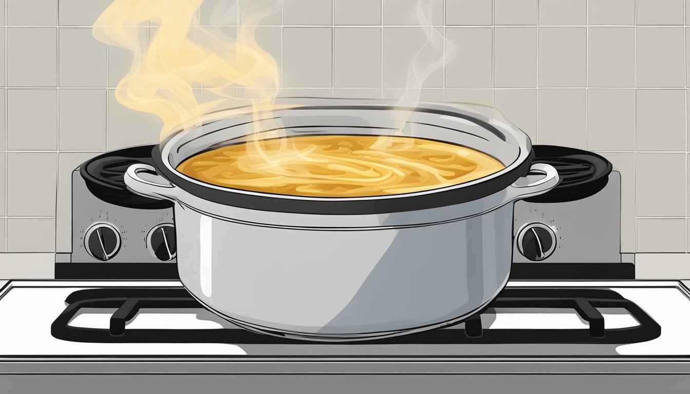 A steaming bowl of French onion soup being heated on a stovetop