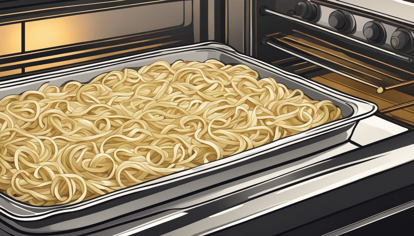 A steaming plate of fettuccine alfredo sits on a baking tray inside a preheated oven. The creamy pasta glistens under the warm glow, ready to be reheated to perfection