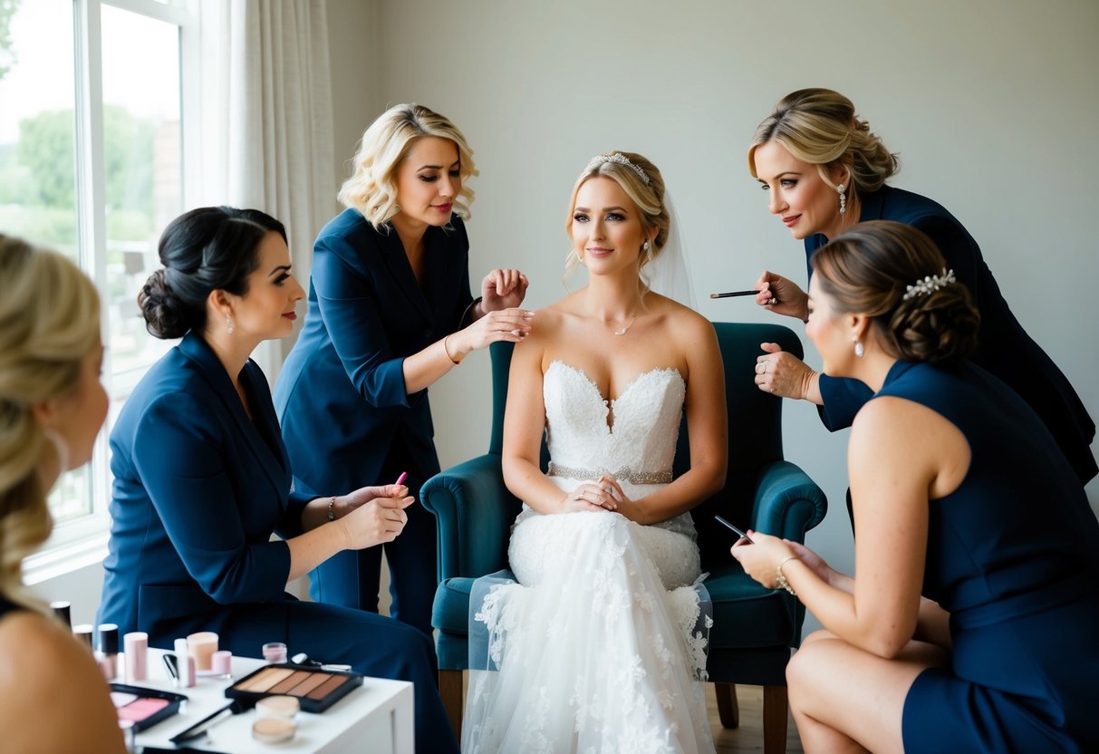 A bride sitting in a chair surrounded by her beauty team, discussing the timeline for starting makeup before the wedding