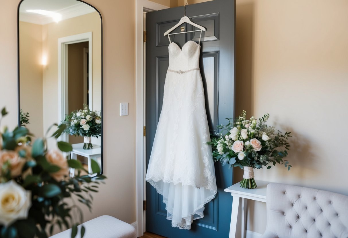 A wedding dress hanging on a door, surrounded by a bouquet and accessories, with a mirror reflecting the room