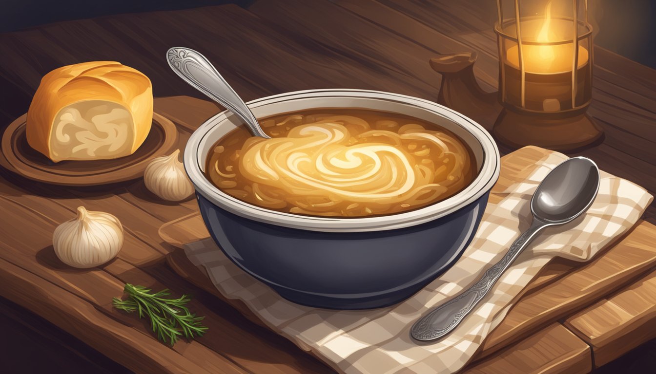 A steaming bowl of French onion soup sits on a rustic wooden table, with a spoon resting beside it. A warm, cozy atmosphere surrounds the scene